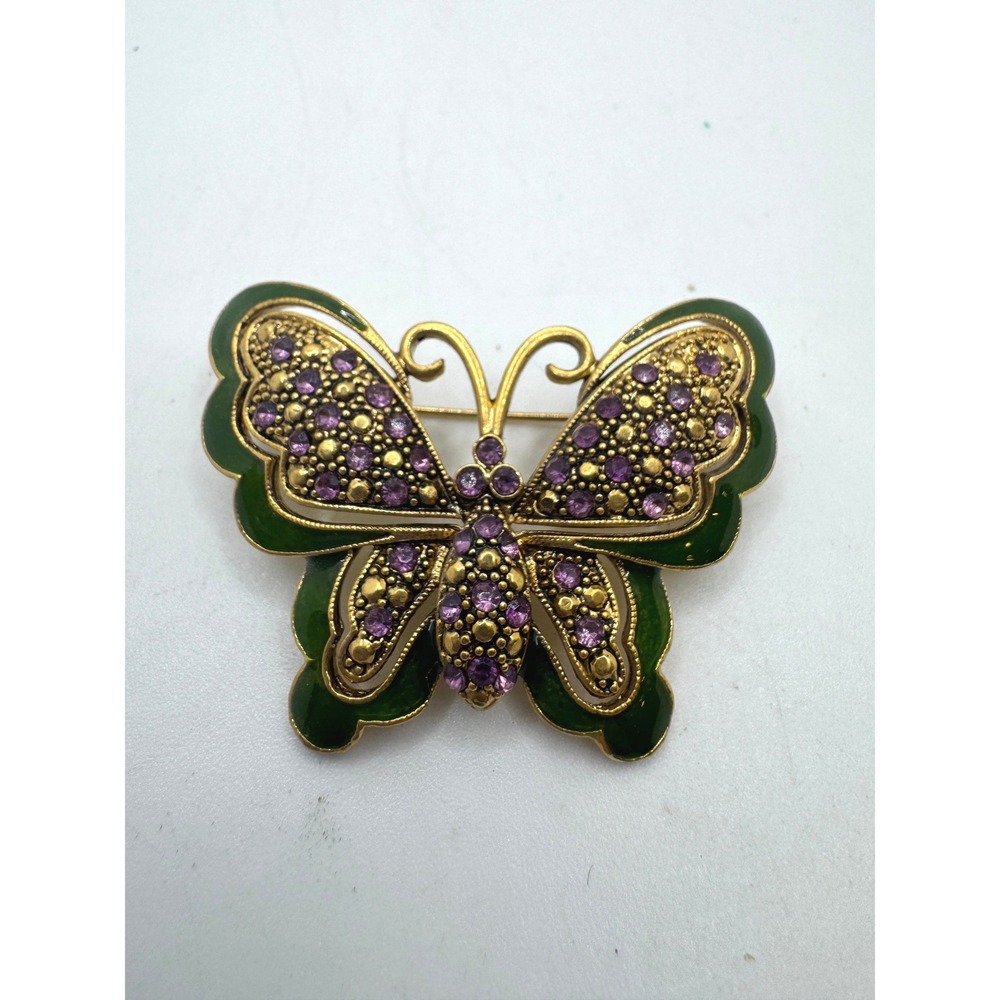 Vintage Inspired Gold Tone Butterfly Brooch Green Enamel Purple Rhinestone Pin